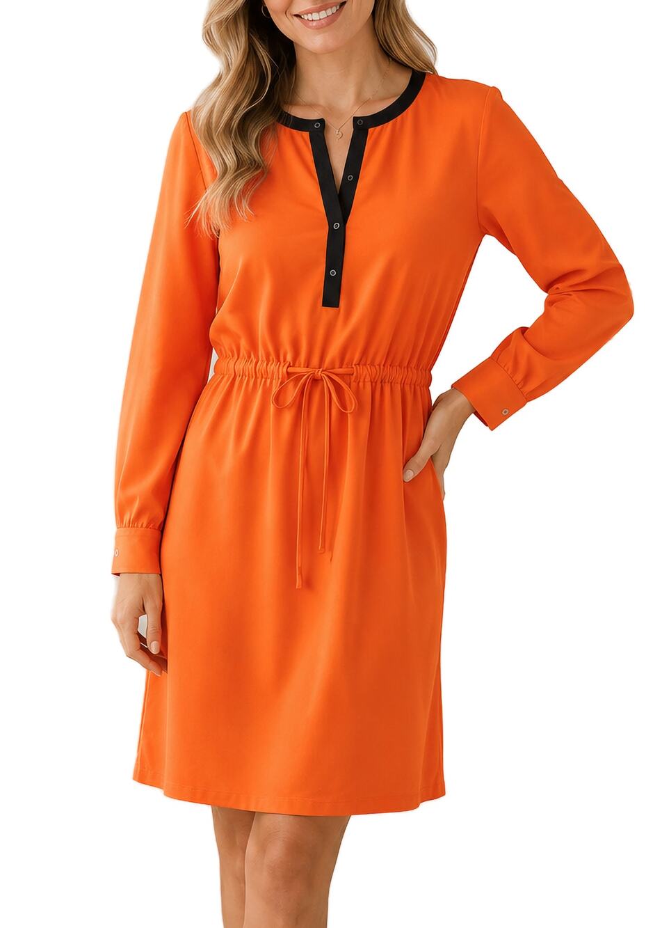 Lauren Ralph Lauren Orange Shift Dress Size 12 Drawstring Waist Long Sleeve